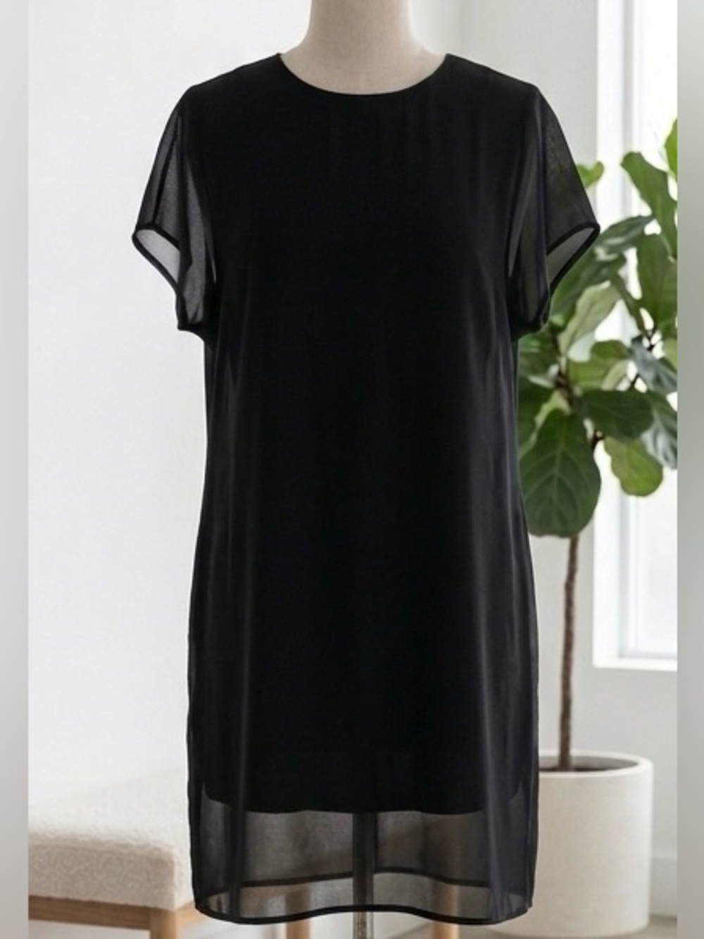 OAK + FORT| Airy Black Midi Sheath Semi-Sheer Lined Shirt Dress Sz XS